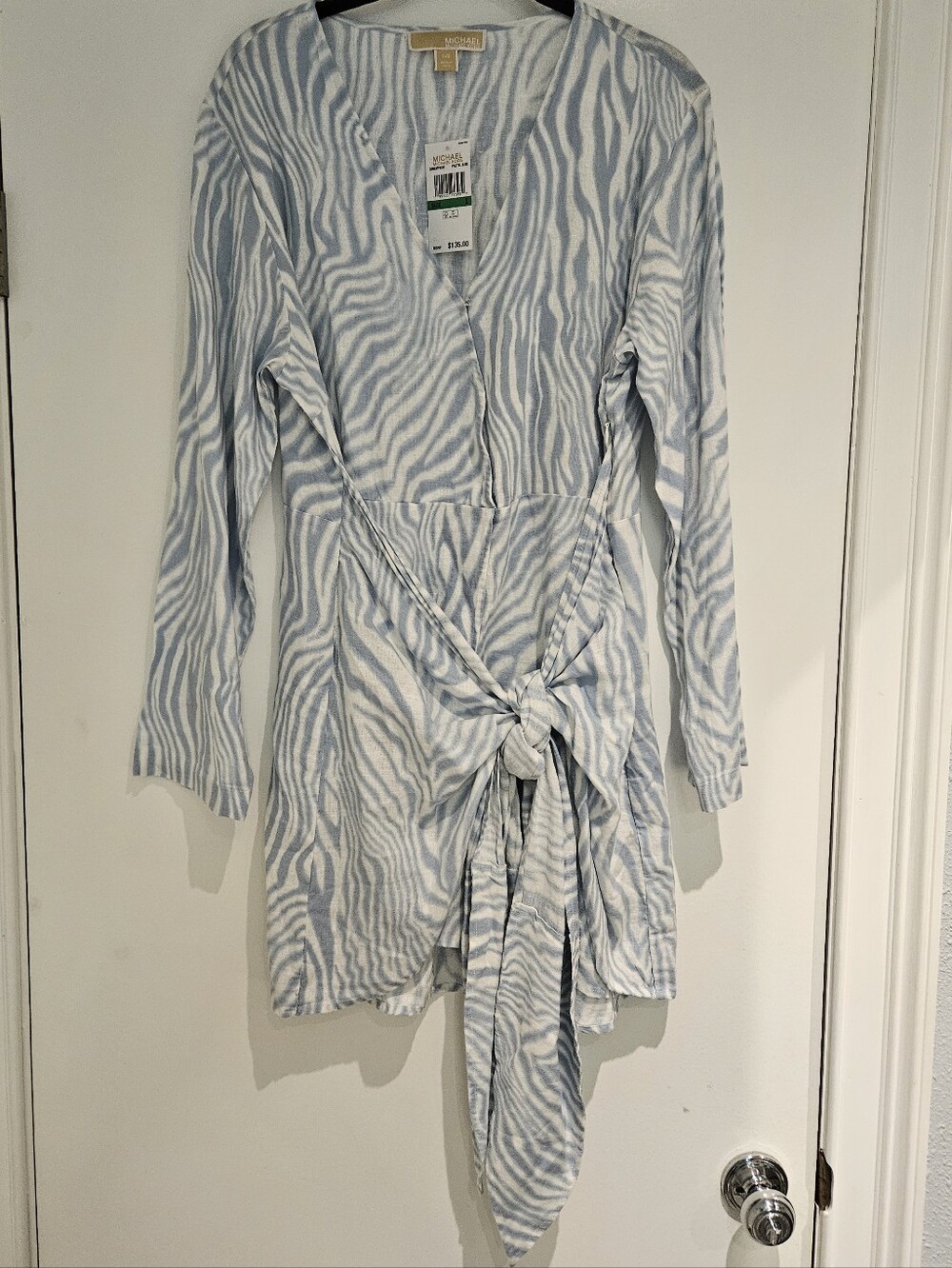 NWT MICHAEL Michael Kors Blue Zebra Print Tie Front Wrap Dress Size L